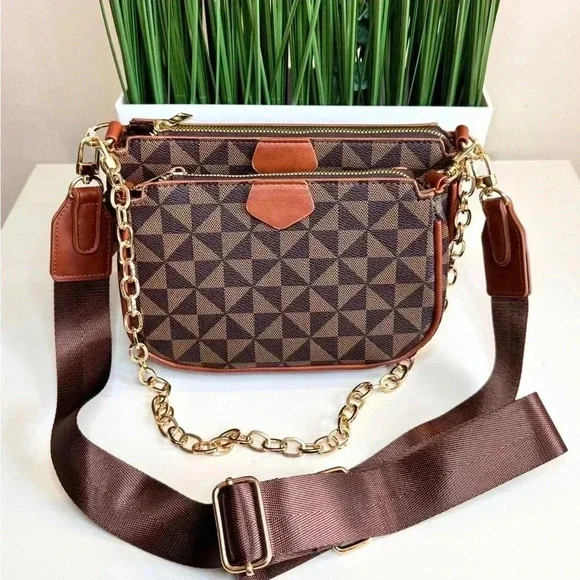 Designer Style Monogram Crossbody Bag Brown Gold Chain NWT - Picture 9 of 13